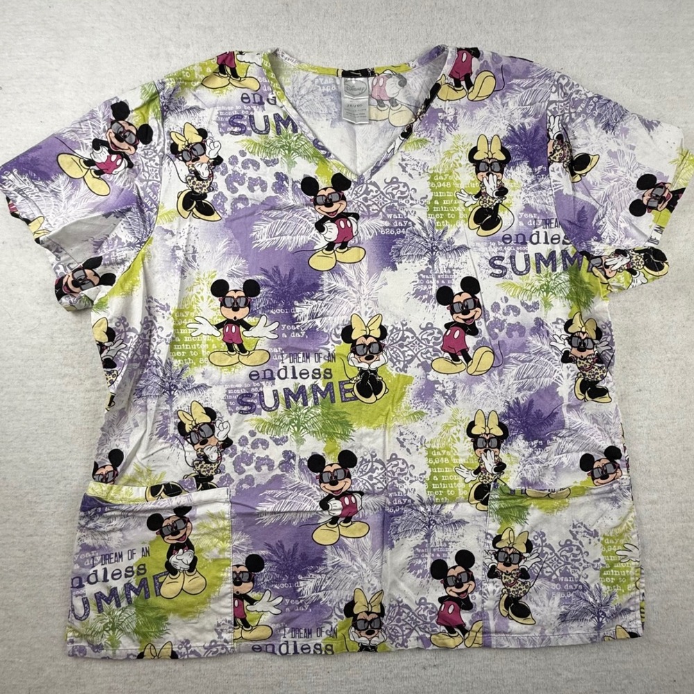 Disney Mickey Minnie Mouse Endless Summer Scrub Top 2X Purple Green Tropical